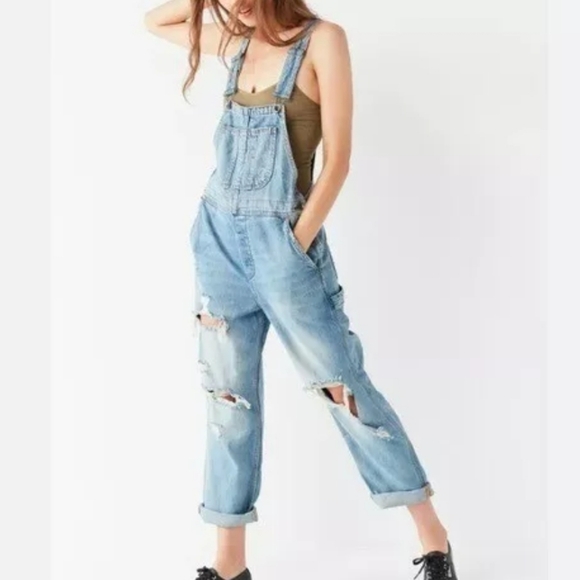 Urban Outfitters women's destroyed light blue boyfriend denim overalls - small - Picture 1 of 16